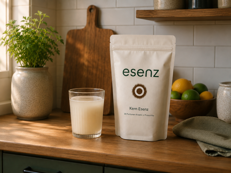 Kern Esenz in der Kueche mit Glas